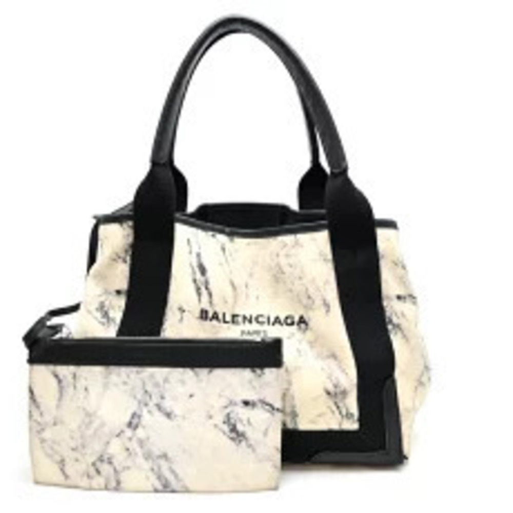 Balenciaga Navy Blue Cabas Handbag Canvas White